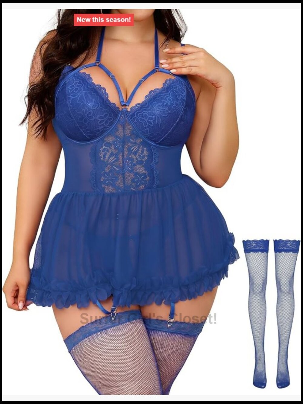 Plus Size Ruffle Babydoll Lingerie Set with Stockings, Open Crotch Thong,